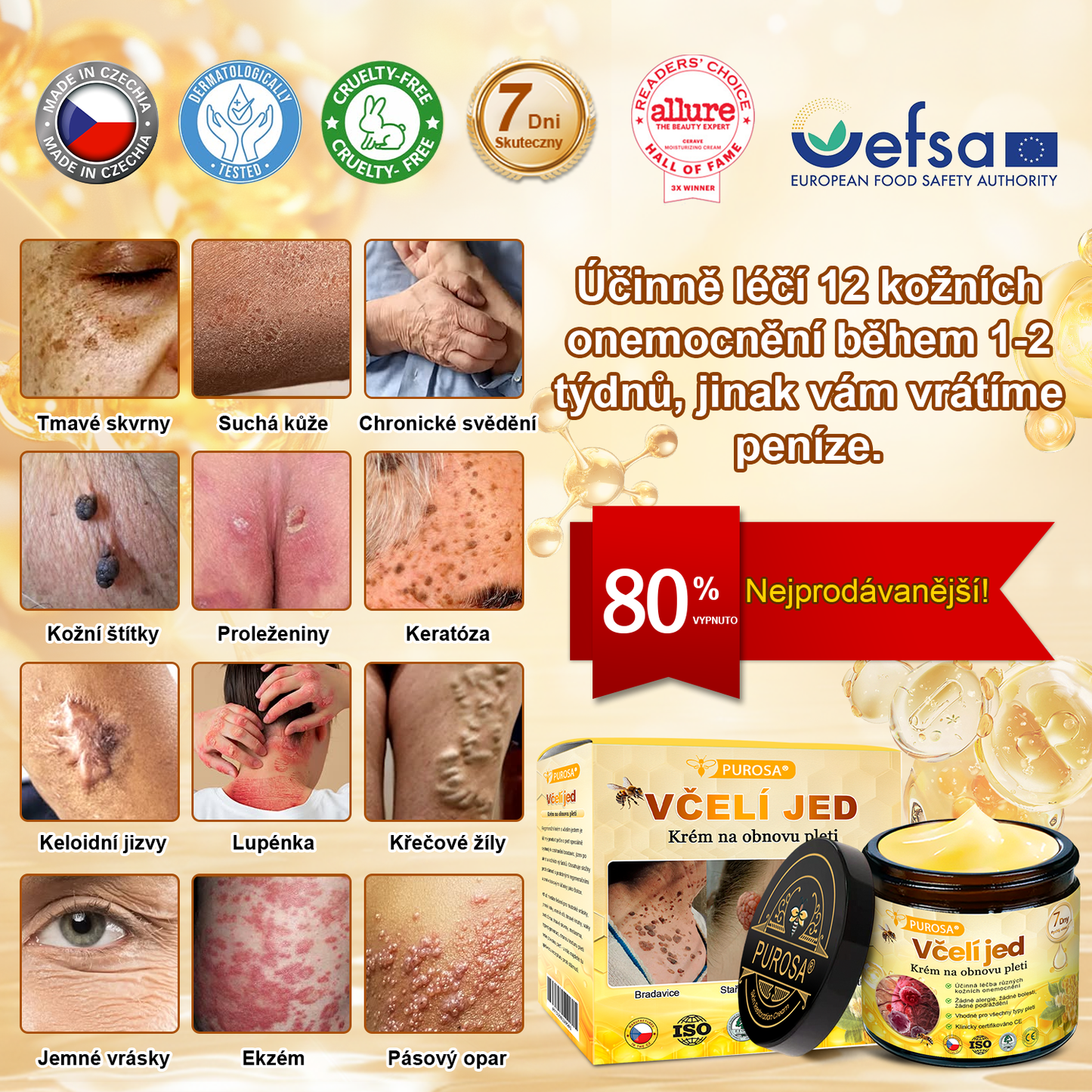 🐝PUROSA® Obnovující krém s včelím jedem｜✅Kompletní řešení pro odolné kožní problémy, jako je stárnutí, ekzém, jizvy a lupénka